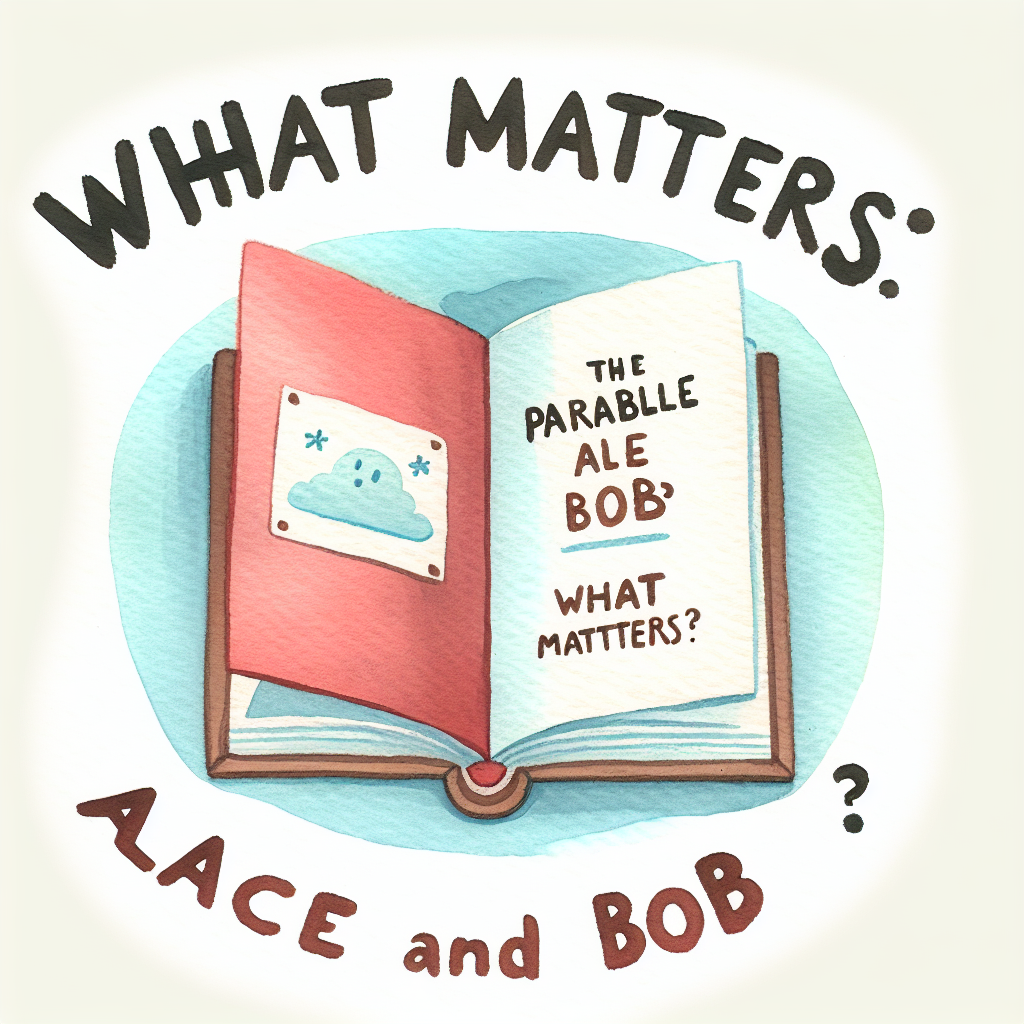 An-open-book-titled-The-Parable-of-Alice-and-Bob-with-the-words-What-Matters_-