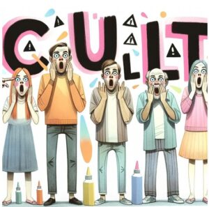People in the group making exaggerated surprised faces while another person points to the word 'CULT' in big letters. Rendered in a minimalist aesthetic using watercolor over ink, employing hues of pastel