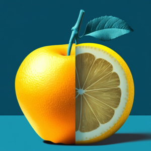 A golden apple cut open with a lemon inside