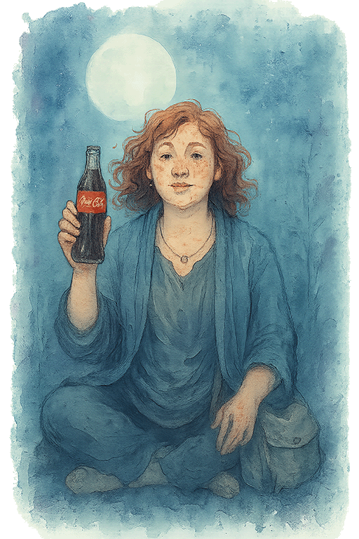 Woman in mediative pose with coke bottle