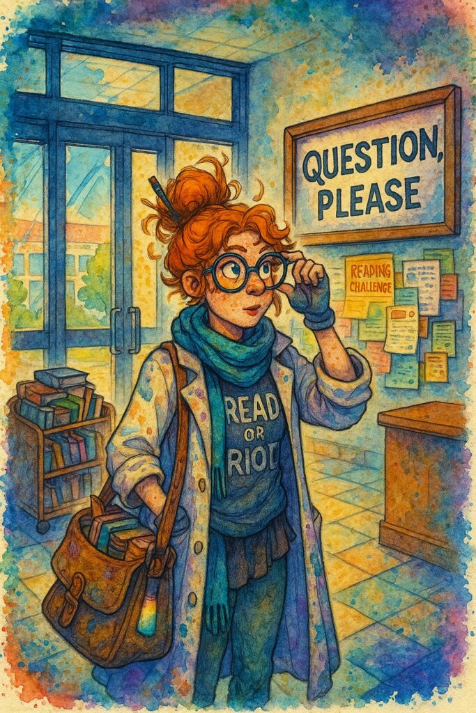 person walking into library